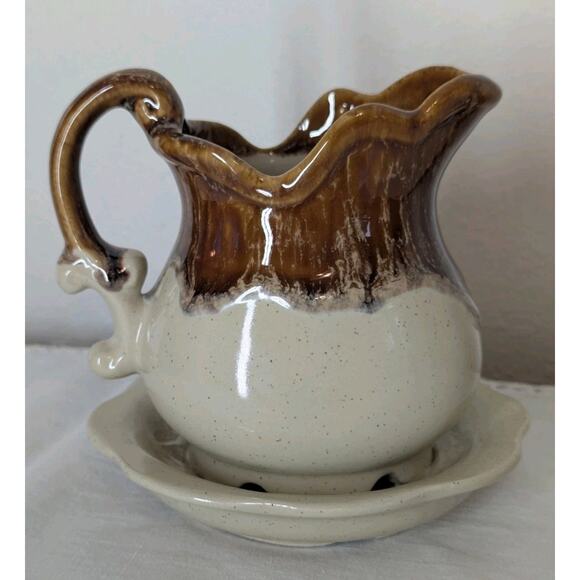 Brown Beige Glazed Pottery Small Planter Pitcher With Attached Saucer 5" x 5" - Picture 1 of 9